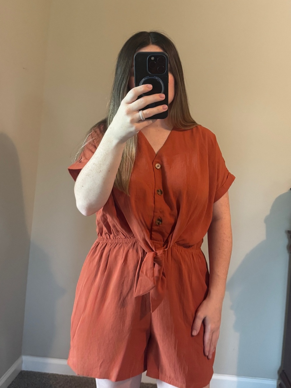 Doe & Rae Rust Orange Tie-Front Short Romper
